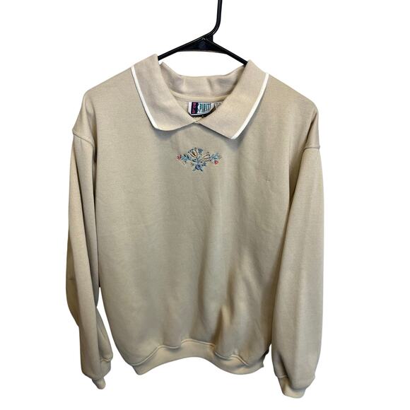 90's Vintage Bolo Spirit Beige Cottagecore Embroidered Floral Sweatshirt Medium - Picture 1 of 9